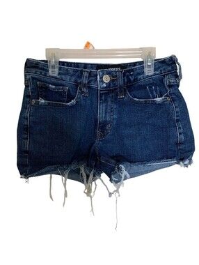 EXPRESS Shortie Frayed Hem Original Relaxed Low Rise Blue Denim Jean Shorts Sz 0